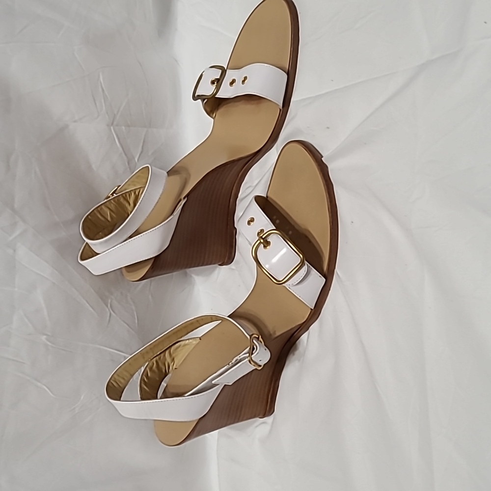 White and tan Coach Wedge sandals 11